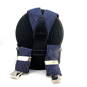 Bretelle Seta Navy Pois Bianco<br/> Pelle Nera H 3.6 cm