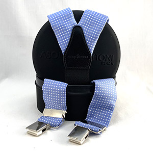 Bretelle Seta Celeste Pois Bianco<br/>Pelle Nera H 3.6 cm