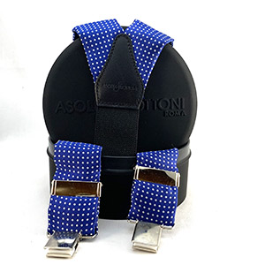 Bretelle Seta Azzurro Pois Bianco<br/>Pelle Nera H 3.6 cm